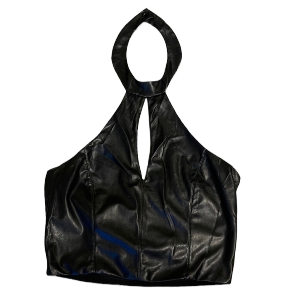 Black Faux Leather Halter Top with peep hole - Size Small